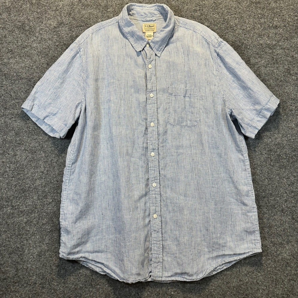 L.L. Bean 100% Linen Button Down Men XL Blue Stripe Coastal Nautical Shirt